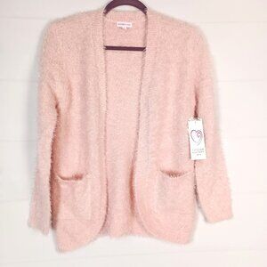 Design History Girls Ultra Soft Feather Yarn Open Front Cardigan Pink L NWT